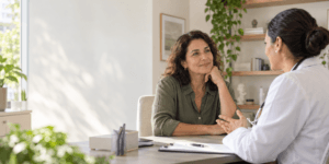 Mulher conversa com ginecologista em consulta sobre terapia hormonal na menopausa.